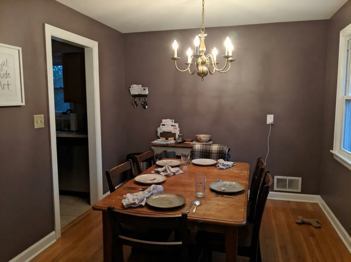 Cinnamon Slate dining room walls under evening brass chandelier light.
