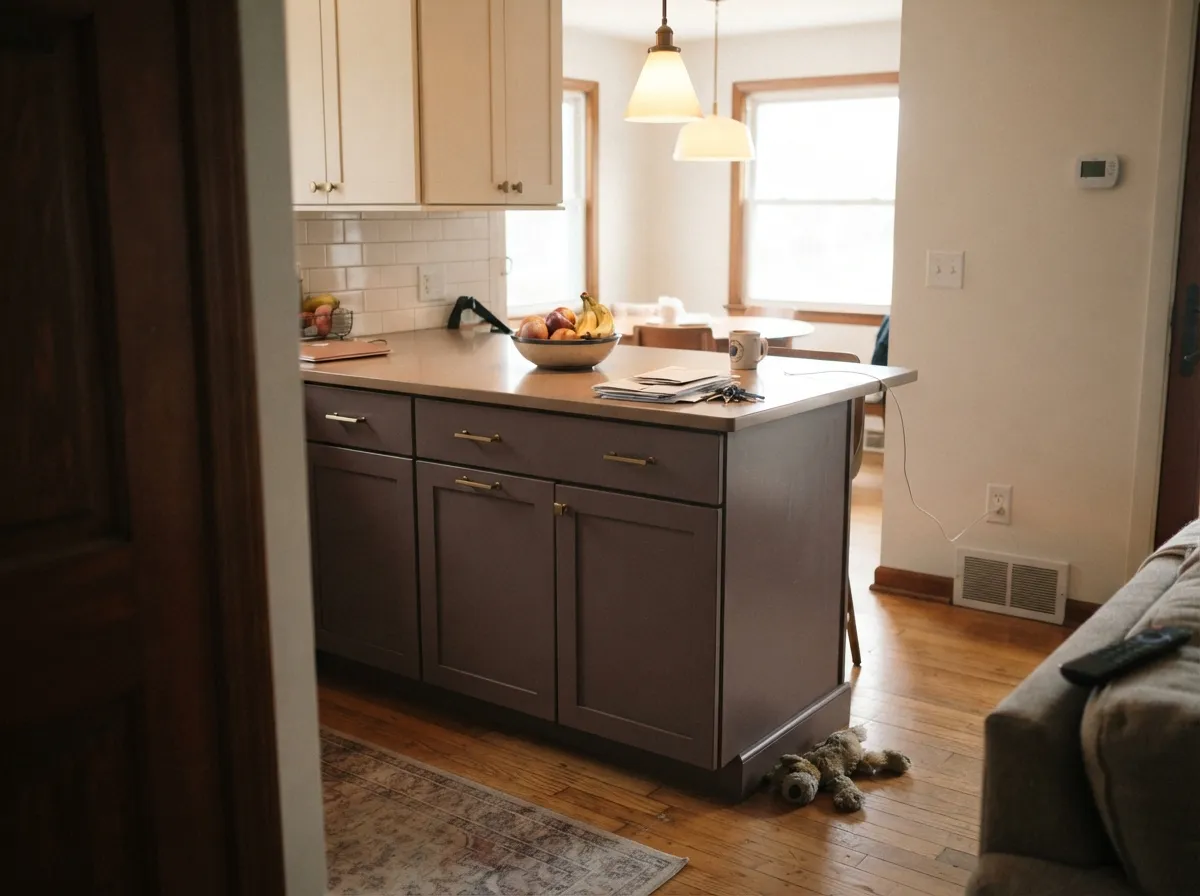 Cinnamon Slate on kitchen island and lower cabinets with brass hardware.