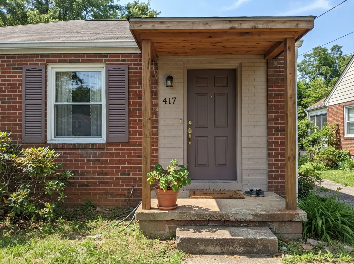 Cinnamon Slate front door and shutters against red brick in full sun.