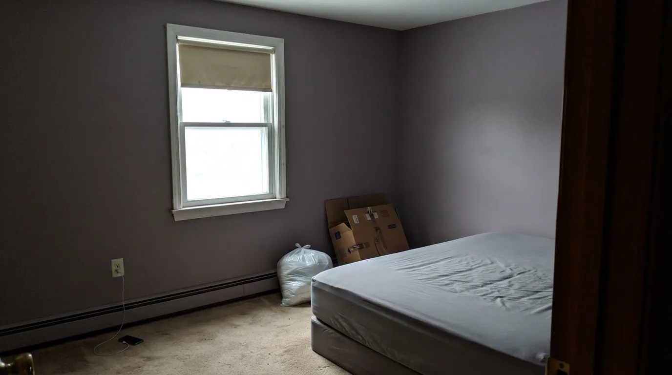 The honest shot: in flat north light with no lamps the brown disappears and it goes dusty lilac — the exact complaint people post after painting.