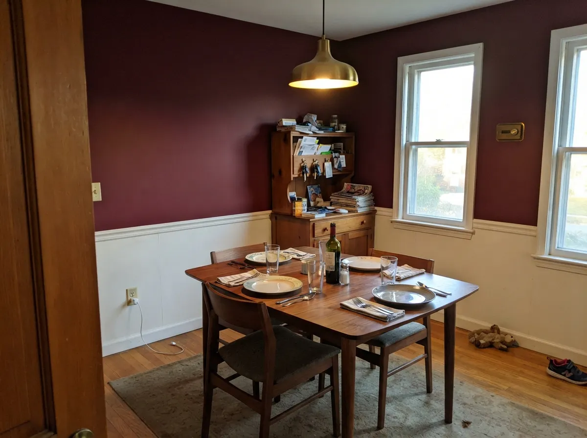 With a chair rail and white wainscoting to break up the depth, the burgundy reads rich and formal instead of closed-in — its best interior room.