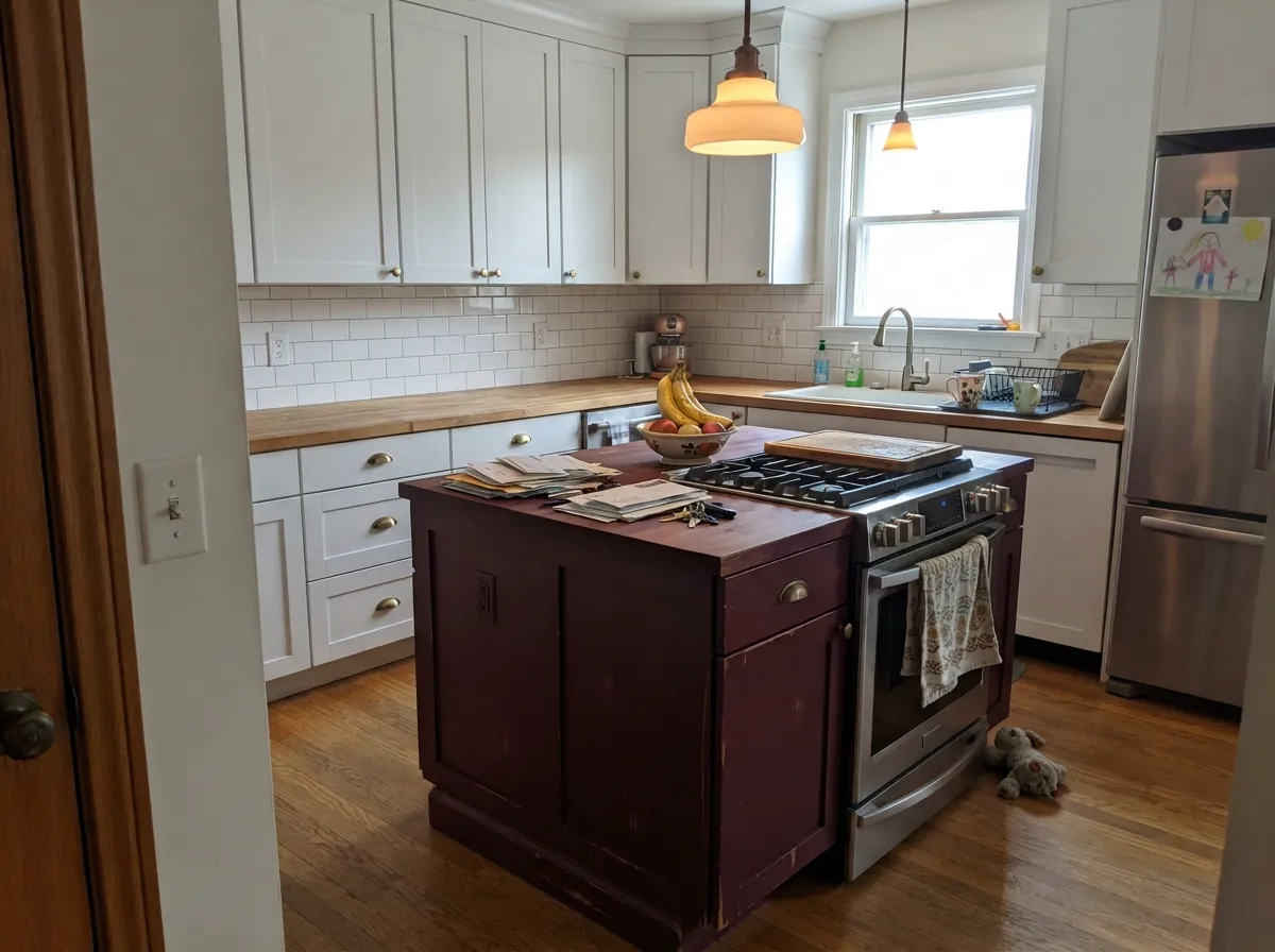 A burgundy island under white perimeter cabinets is the easiest way to use this color without committing a whole room to it.