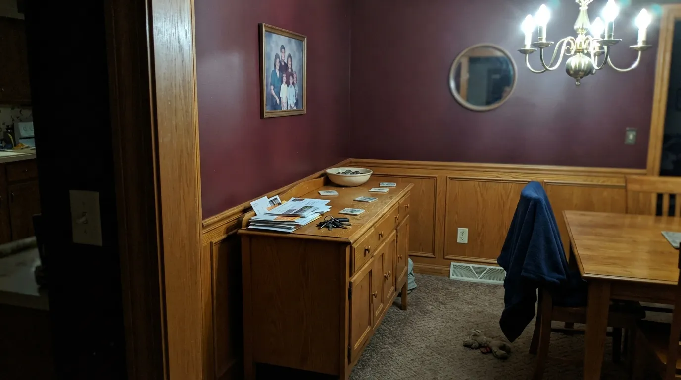 The honest shot: honey oak trim, polished brass, and cool overhead light together — the exact 1990s combination behind most of this color's bad reviews. The paint didn't change; the room around it did the damage.