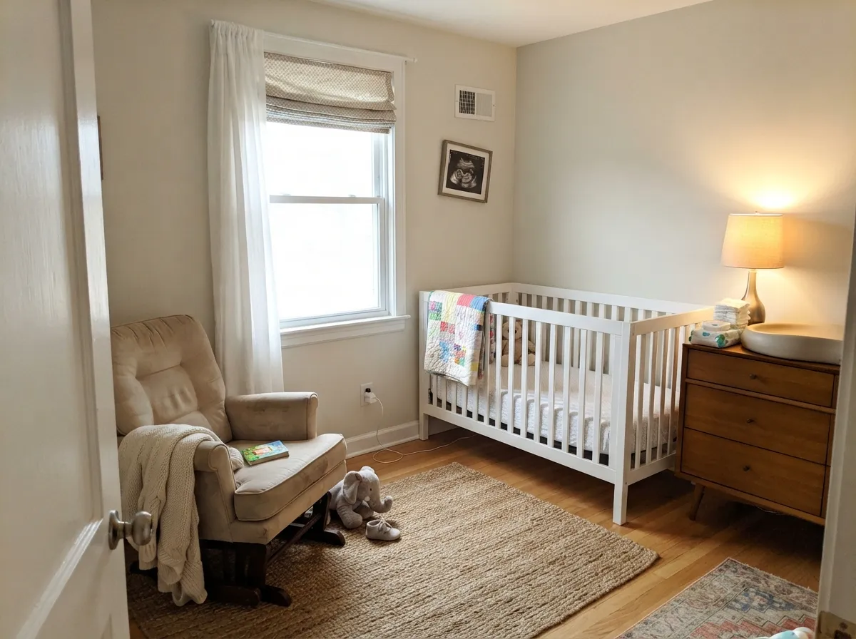 Classic Gray nursery walls with soft white trim and warm lamp light.