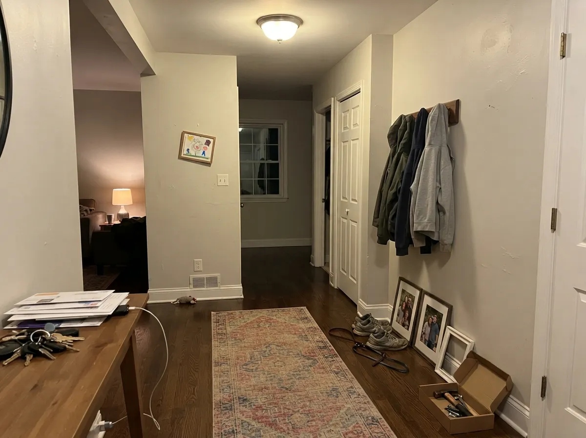 Classic Gray hallway walls under warm 3000K bulbs.