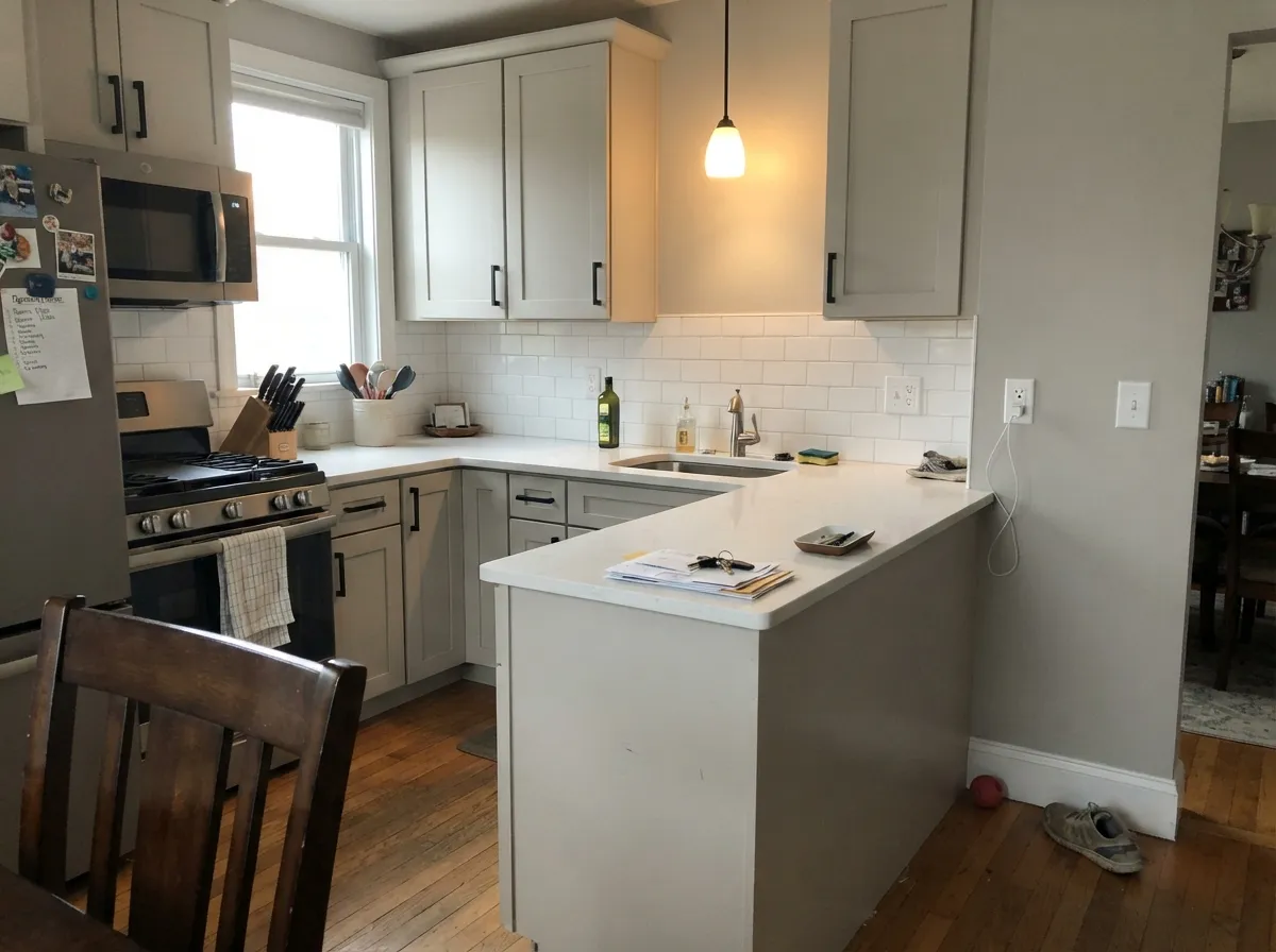 Classic Gray kitchen cabinets against a white quartz counter and subway tile.