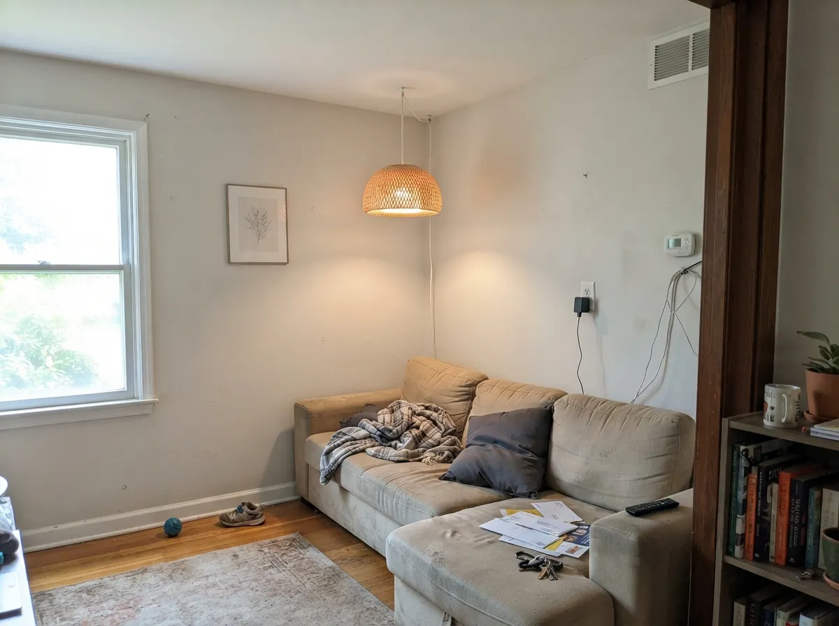 Classic Gray flat ceiling matching warm-toned walls.