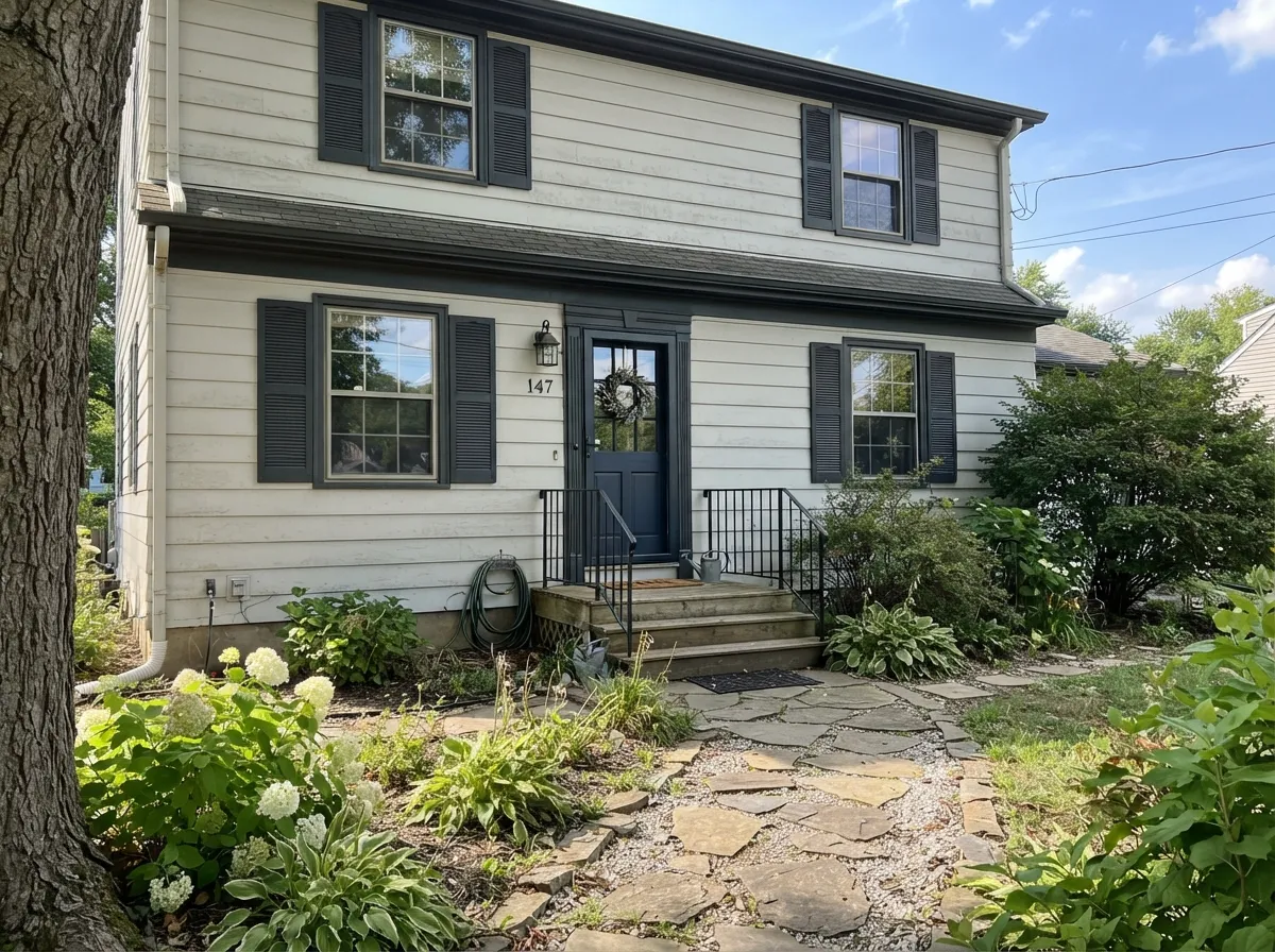 Classic Gray exterior siding with dark window trim.