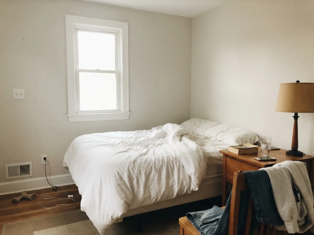 In morning light the warm base shows and the room stays restful — the bedroom is where most people love this color.