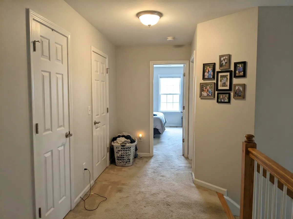 Hallways are the whole-house test, and with warm bulbs Classic Gray holds its softness instead of going drab.