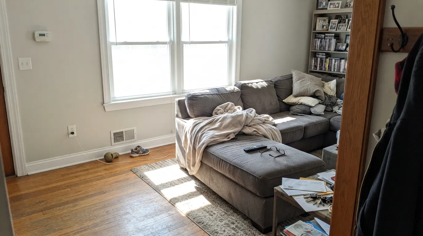 The honest shot: in strong south sun the gray bleaches out and the walls read as plain builder white against white trim — the complaint people make most.