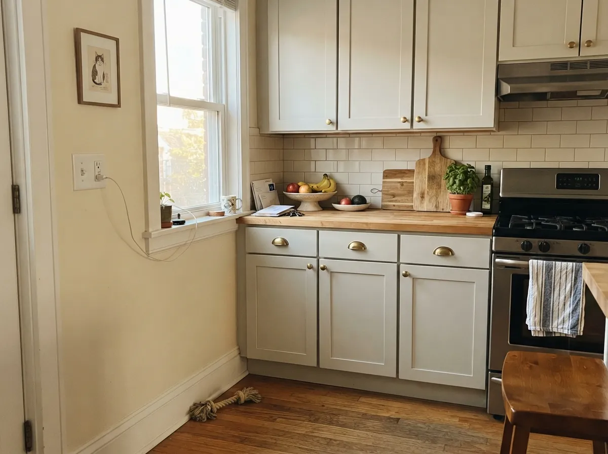 On cabinets with brass hardware and warm wood, Cloud Cover reads soft and current without fighting the honey tones.