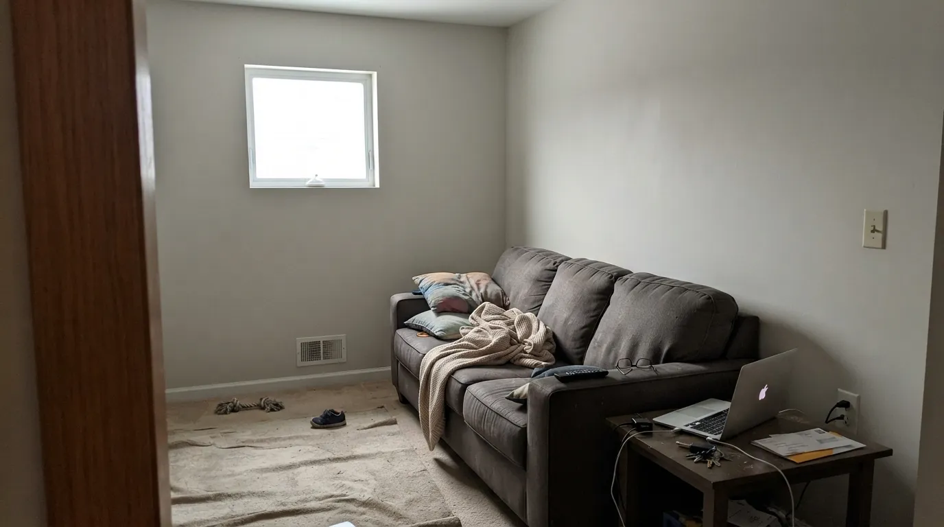 The honest shot: a dim north room with cool overhead light and no warm lamps. This is where Cloud Cover disappoints — the little warmth it has drains out completely.