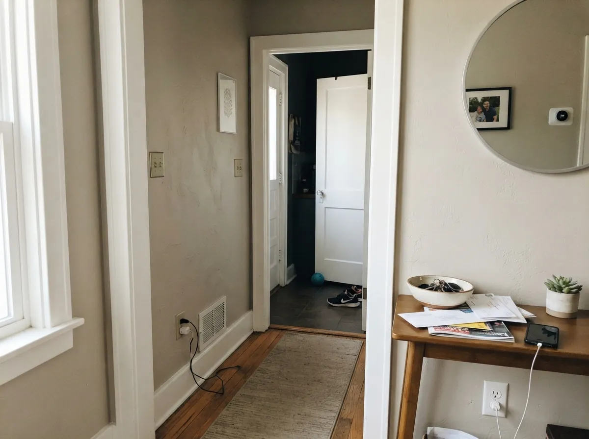 Cloud White semi-gloss trim against greige walls.
