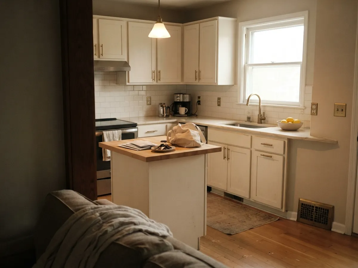 Cloud White satin kitchen cabinets with brass hardware and butcher block.