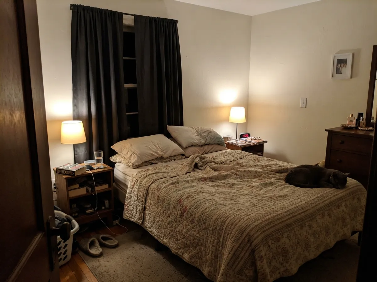 Cloud White bedroom walls glowing warm under bedside lamps at night.