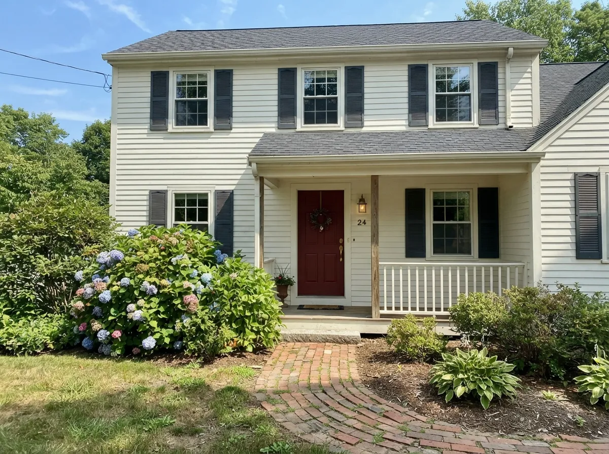 Cloud White exterior siding with dark charcoal shutters in full sun.