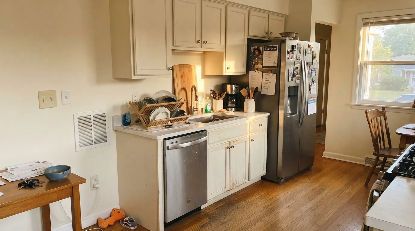 The honest shot: in late west sun, beside stainless and cool white quartz, Cloud White turns openly yellow-y — the exact complaint people post about their kitchens.