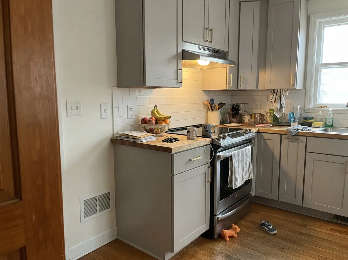 Satin Collingwood cabinets against warm white walls and brass hardware — the pairing designers reach for on purpose.