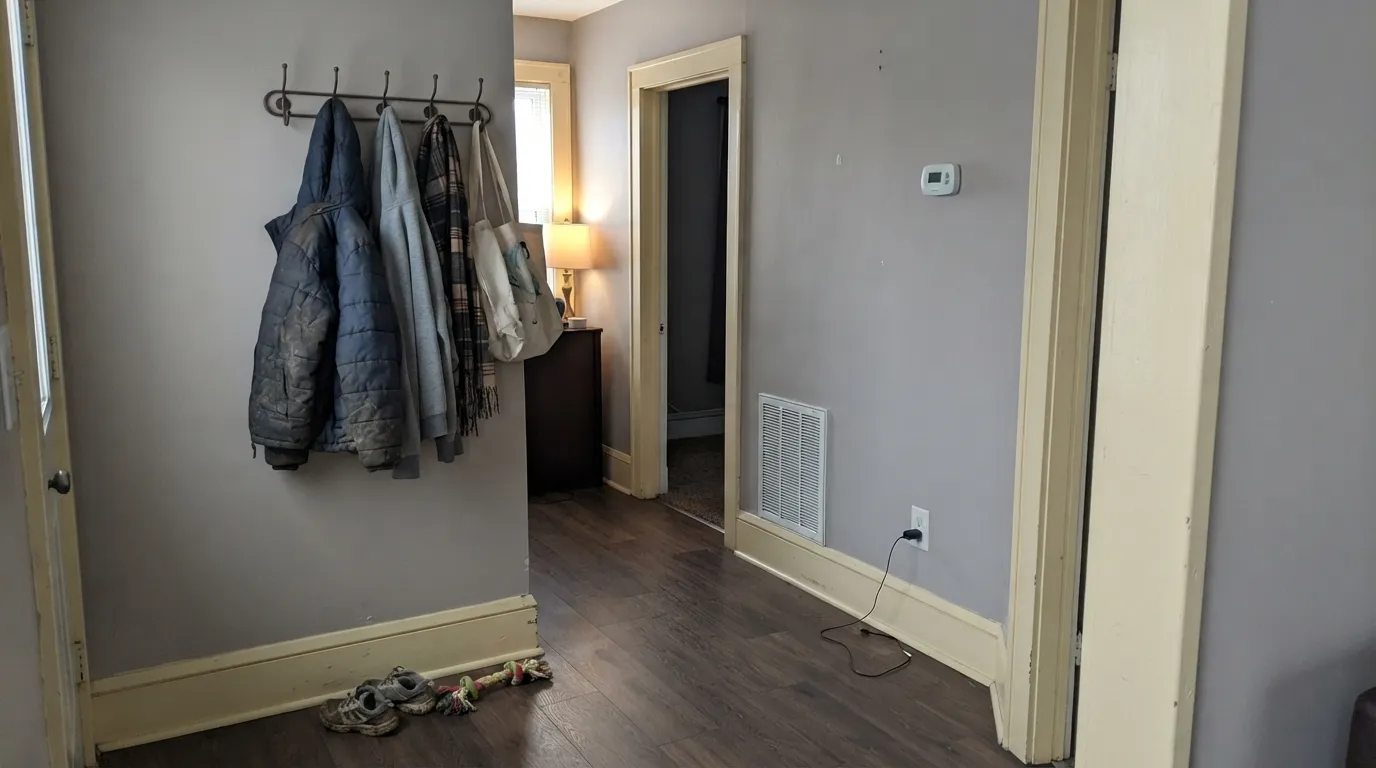 The one documented mistake: cream trim next to Collingwood. The warm trim and the gray's violet whisper fight, and the wall reads dingy instead of calm.