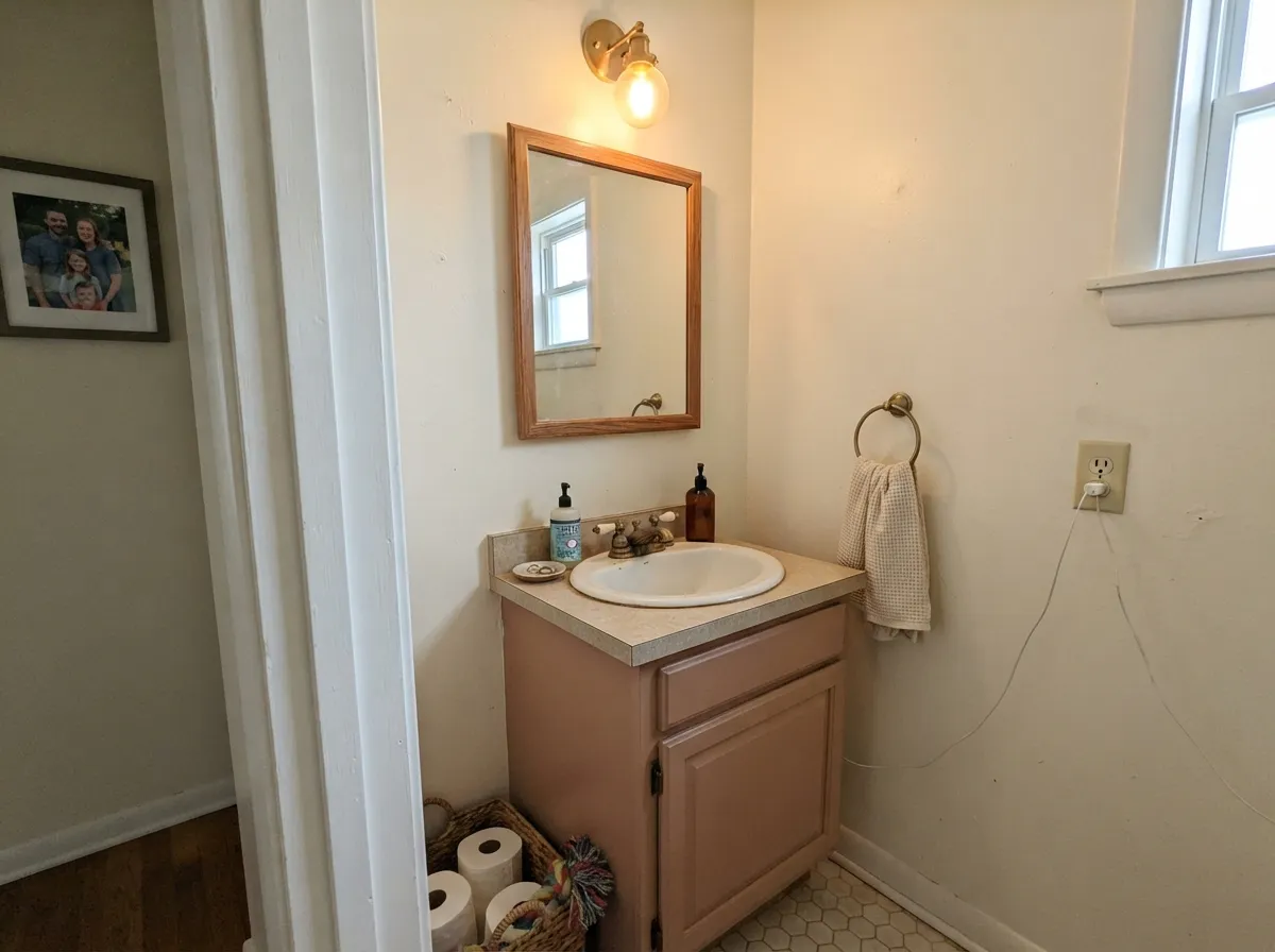 The designer move: a Conch Shell vanity under cream walls, warm brass finishing the look.