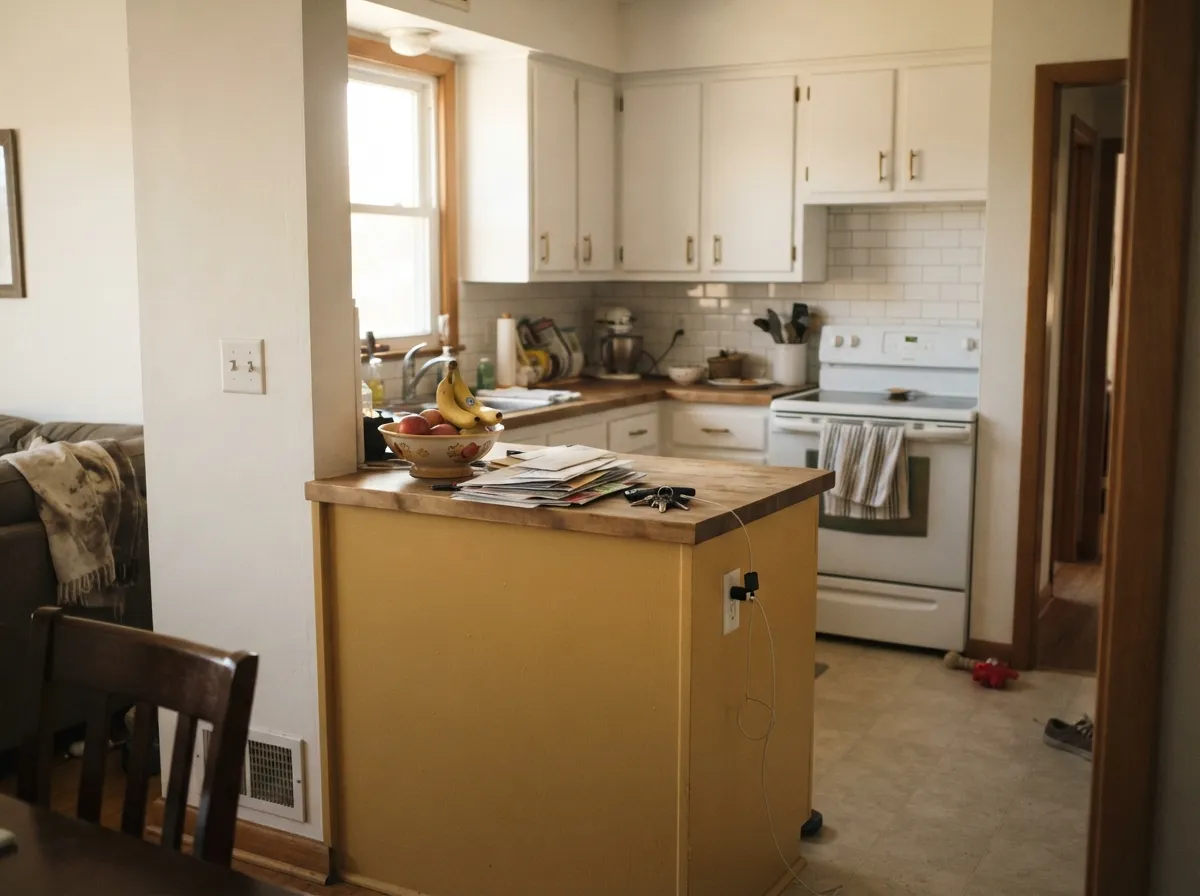 Kept to the island under white cabinets, the gold reads custom and warm instead of overwhelming the room.