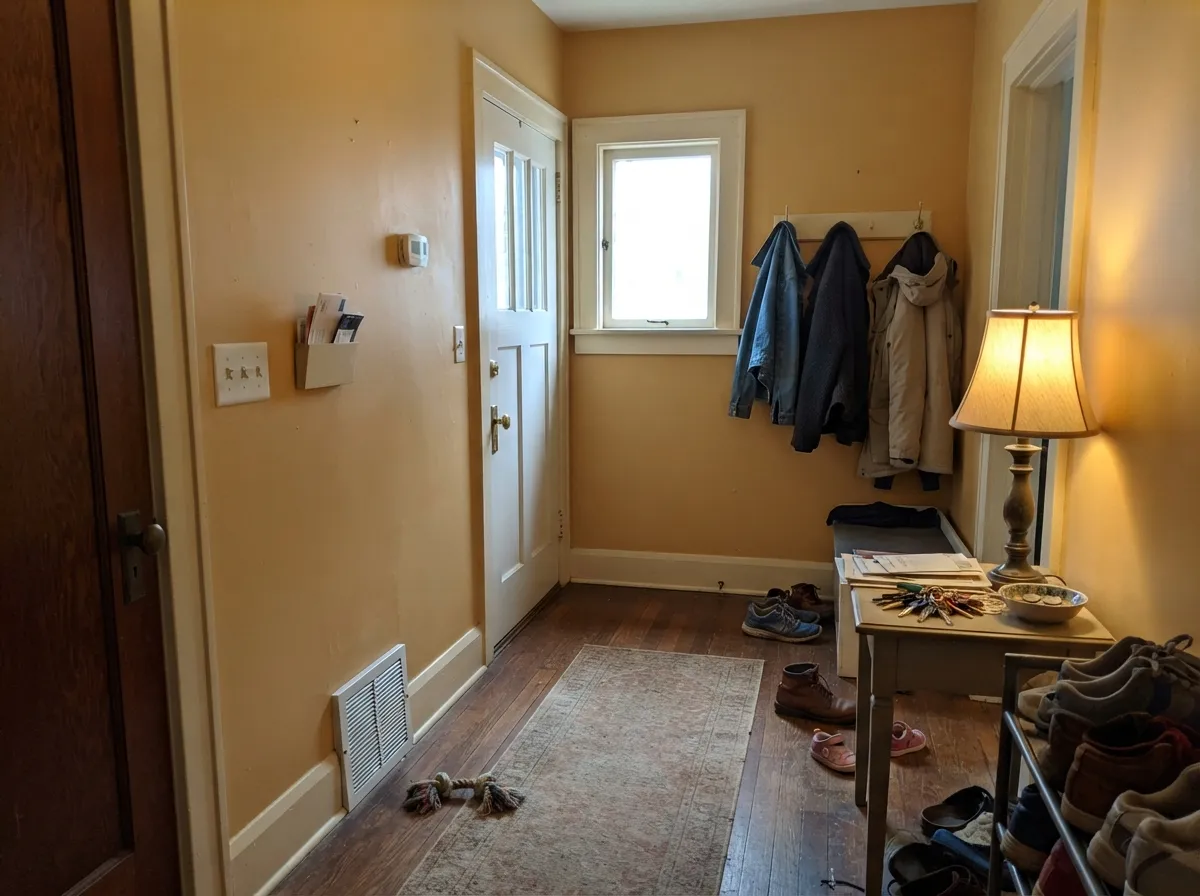 In a center-hall entry with warm trim and wood floors, the gold reads genuinely historic rather than loud.