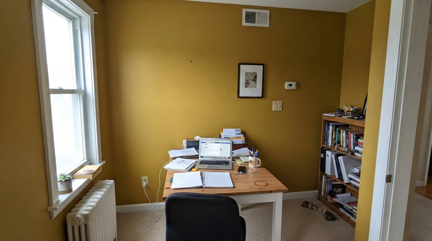 The honest shot: on four close walls in real daylight, the gold reads mustard, not the soft butter the chip promised — the exact surprise behind the "too yellow" reviews.