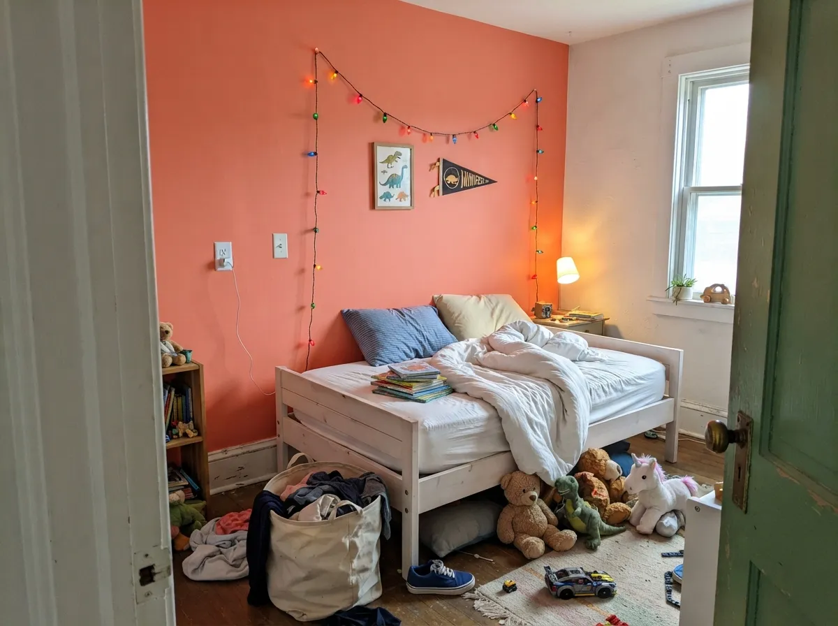 One accent wall against white bedding and a muted green door — playful without going full candy-bright.