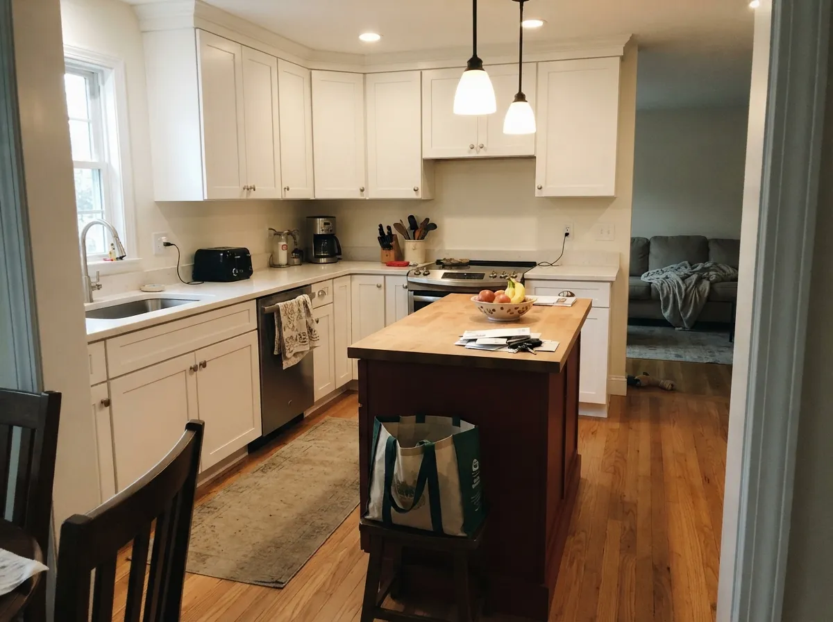 One island under warm pendant light — the color turns oxblood-rich without darkening the whole kitchen.