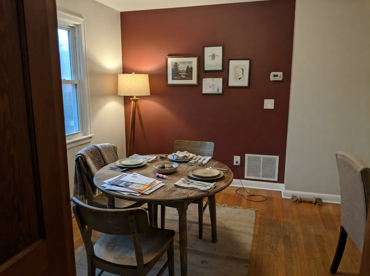 Color-drenched on one wall, with warm evening light — this is where the deep red reads expensive instead of heavy.