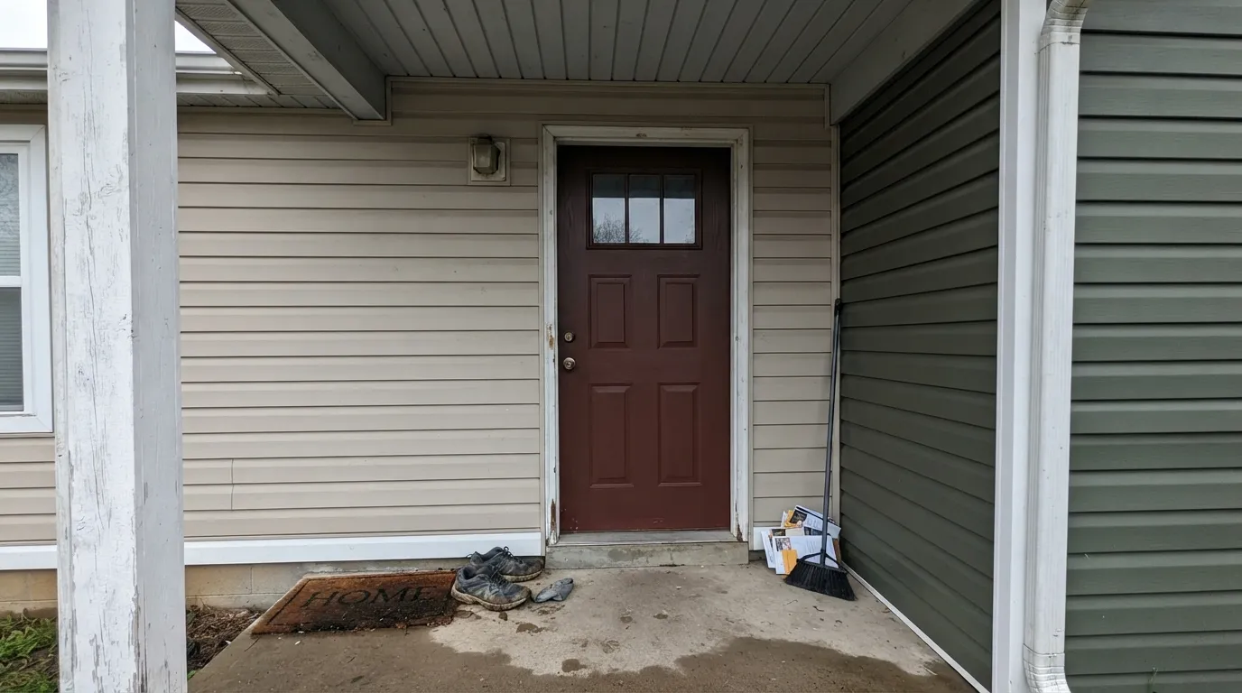 The honest shot: the same door in shade on a cloudy day. The red disappears and what's left looks closer to a dark brown-black stain than paint.