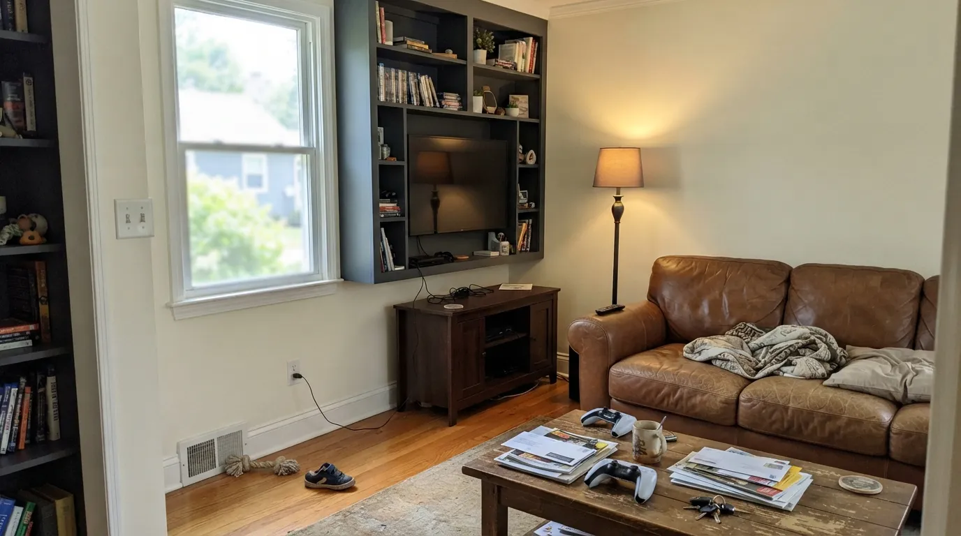 Cotton Balls in the room it is worth knowing for — bright enough to lift a family room, warm enough that the leather and oak do not look cold against it.