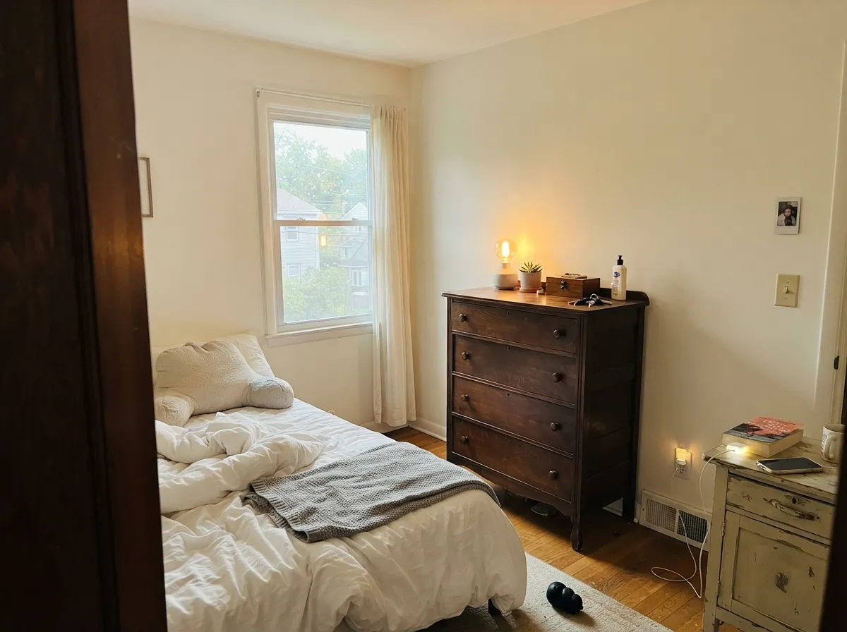 The designer use: bright white walls behind old wood, where the warmth keeps antique furniture from reading orange.