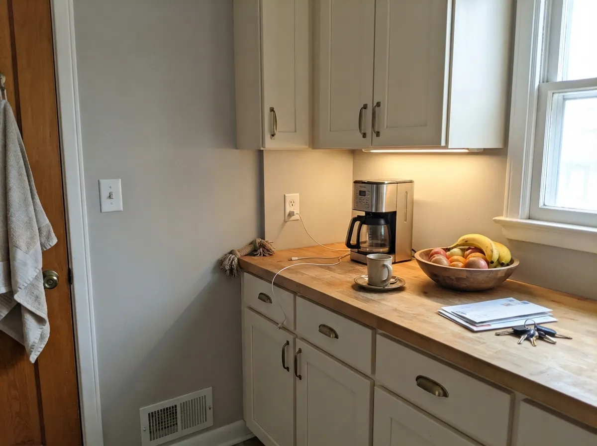 Cabinets brighter than the walls with warm counters underneath — the pairing where the yellow in it reads as money, not as age.
