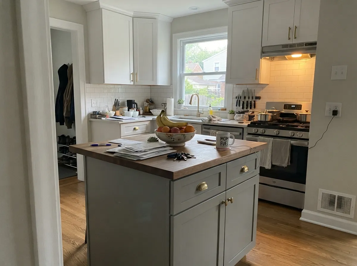 The designer move: Coventry Gray on the island only, white perimeter cabinets doing the rest of the work.