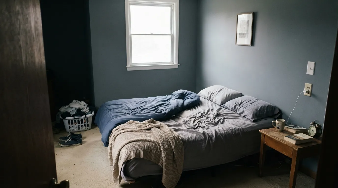 The honest shot: flat north light with no warm lamp pulls the blue forward and the wall reads cold — the exact complaint behind most "it looked too blue" reports.