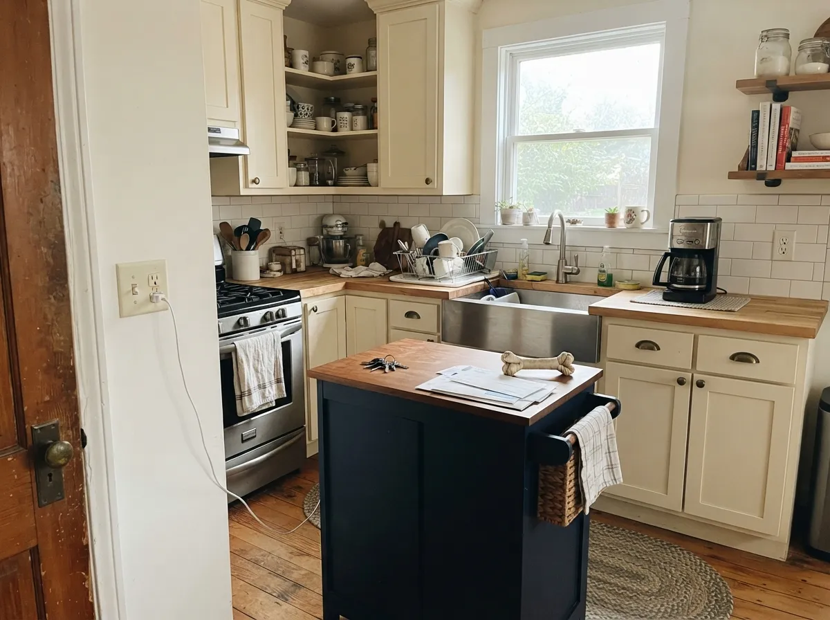On traditional cabinets it looks like old painted furniture rather than fresh white boxes — with brass and wood it makes sense.