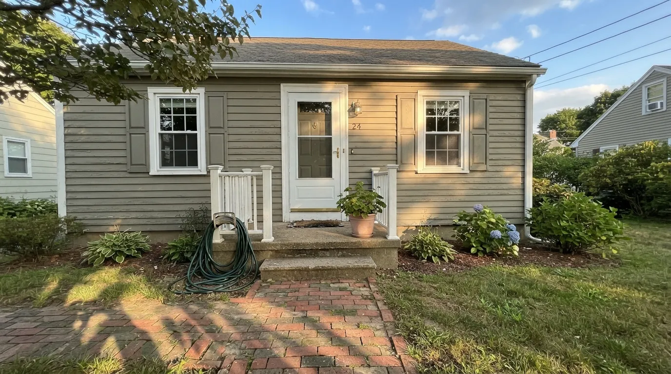 Creekside Green siding in the light it was made for — full sun brings the green forward against white trim and brick.