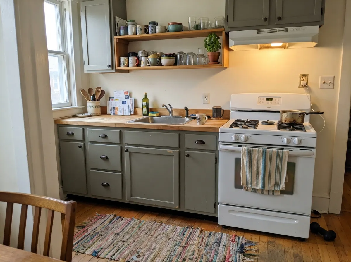 Against cream walls and cast iron the cabinets read collected and grown-up, not trendy.