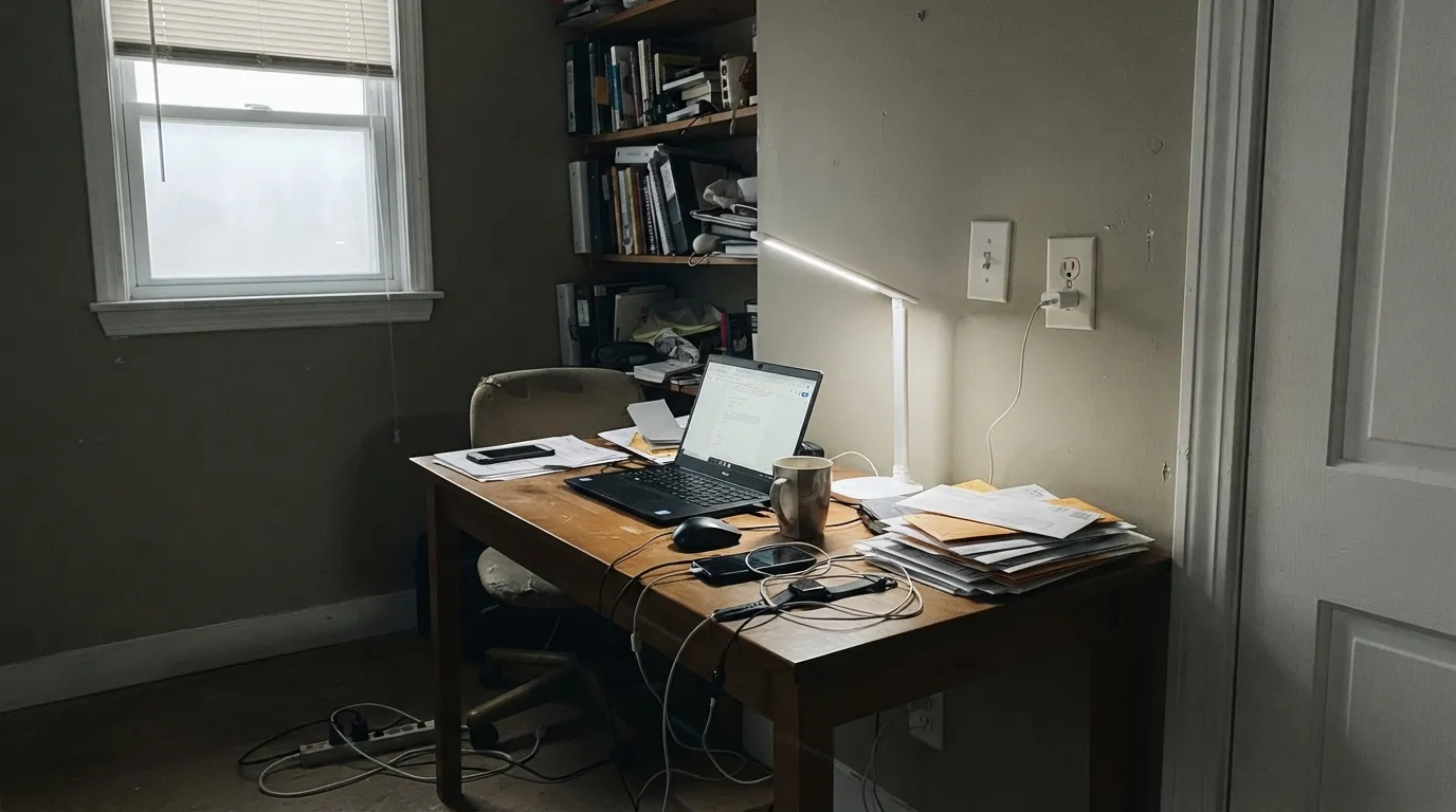 The honest shot: overcast light plus a cool-white bulb, and the green all but disappears — the flat gray-taupe read that surprises buyers who pictured sage.
