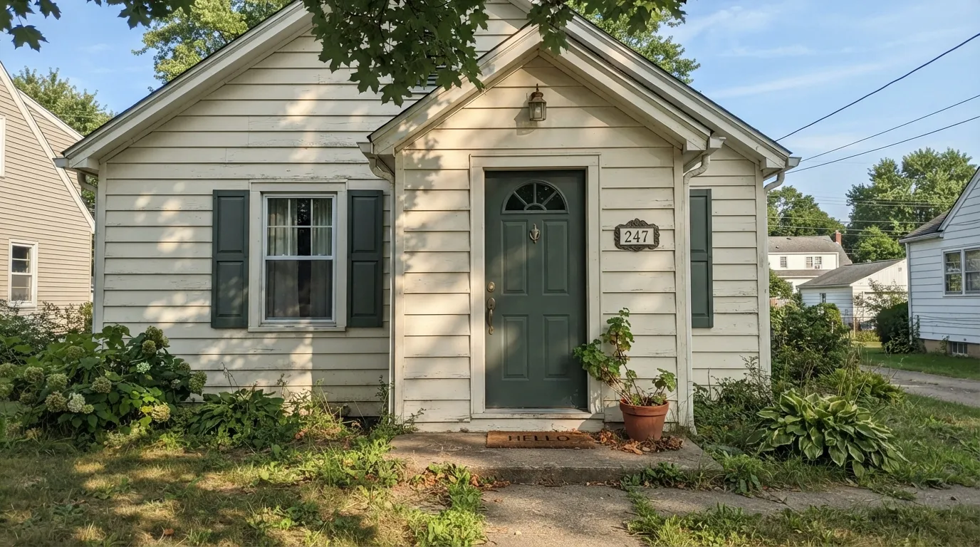Cushing Green on the door and shutters against warm cream siding — full sun keeps the grayed olive reading as real color, not black.