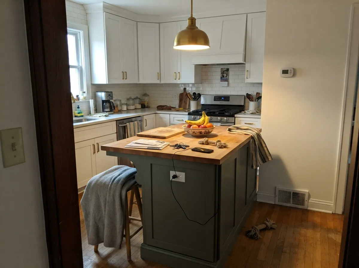 One piece of furniture-grade color under warm pendant light — the island is where most people actually live with this green.