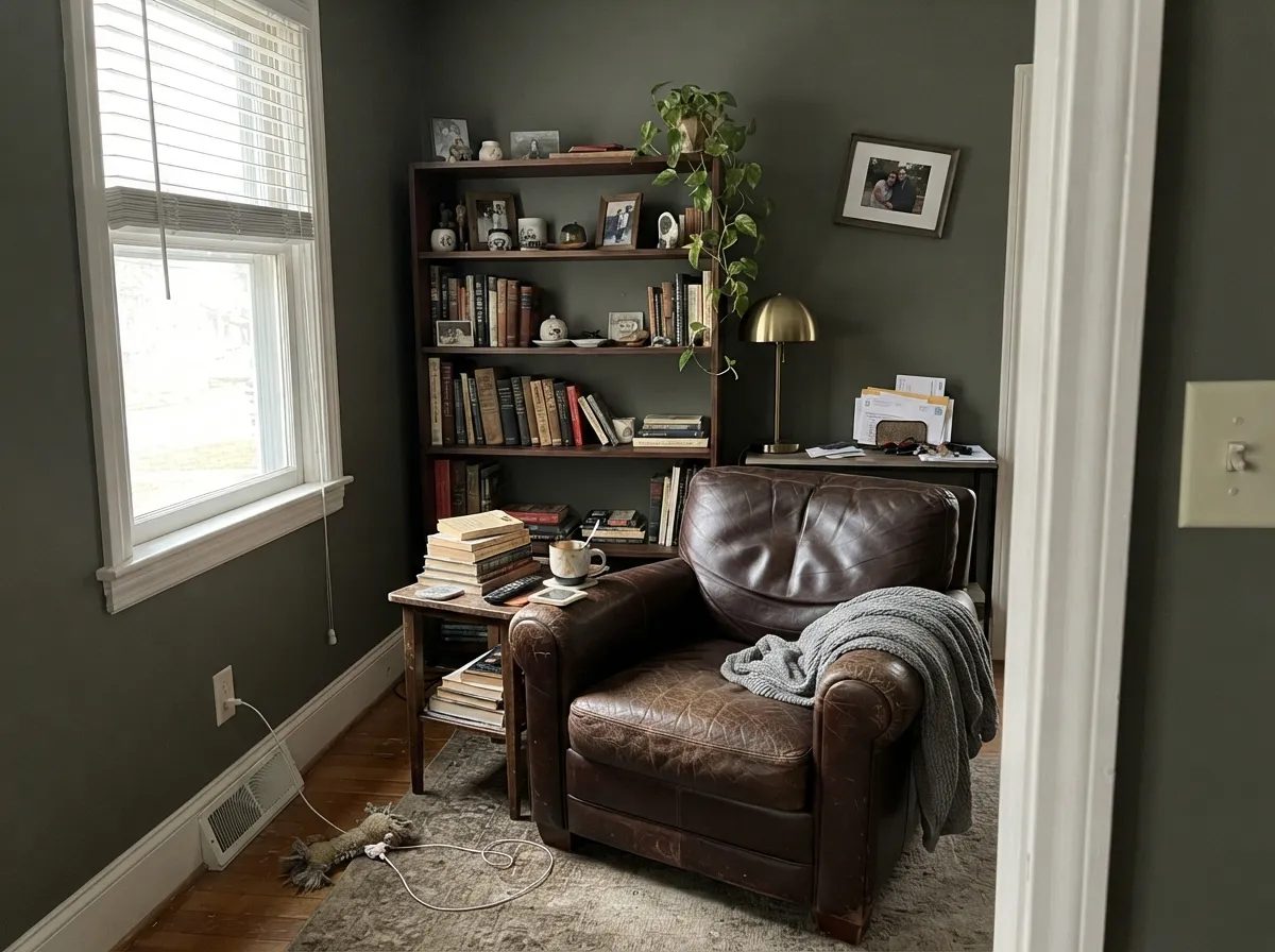 Real afternoon daylight plus walnut shelving — this is the color's second home, and it rewards time spent looking at it.