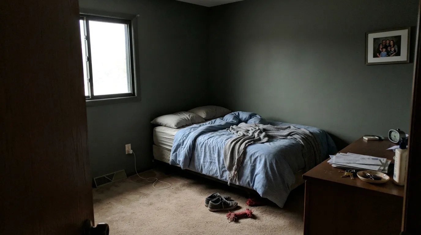 The honest shot: a dim north room with no lamps drains the color to near-black. This is the light where Cushing Green stops reading as green at all.