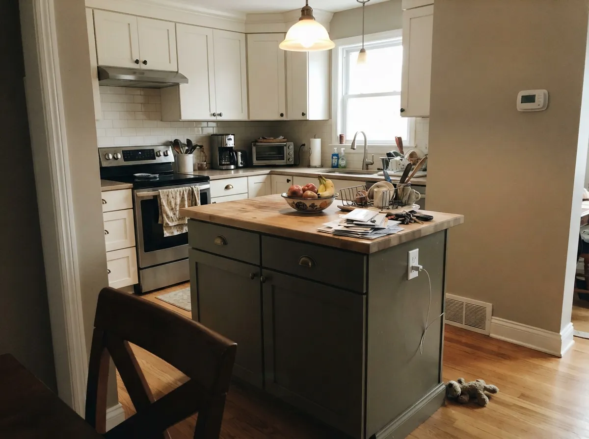 On an island under warm light the green sits comfortably with brass and butcher block — the use most people stay happy with.