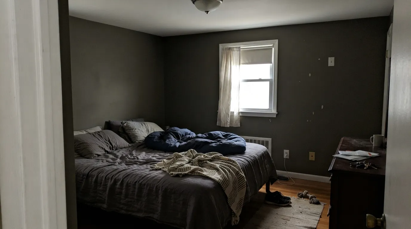 The honest shot: north light with no lamps drains the green out completely and leaves a gray-brown wall, made worse by cold white trim.
