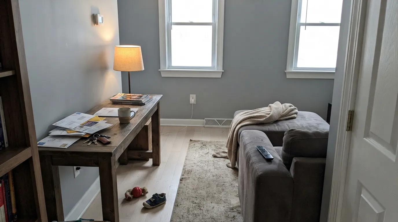 Decorator's White on trim and doors against Stonington Gray walls — one cool temperature everywhere, which is exactly how this white is meant to be used.
