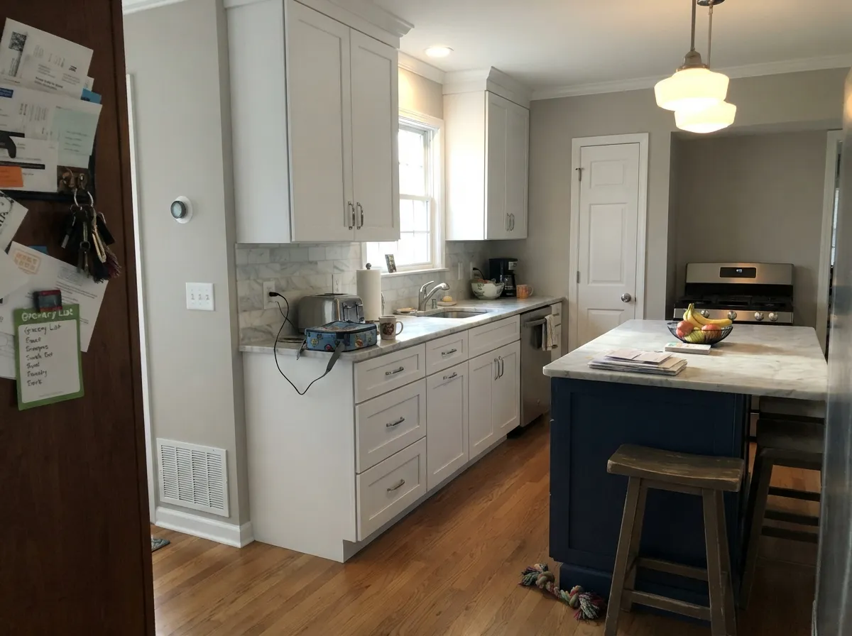 In a cool kitchen it matches the marble and chrome instead of fighting them — the pairing that makes it a genuinely good cabinet white.