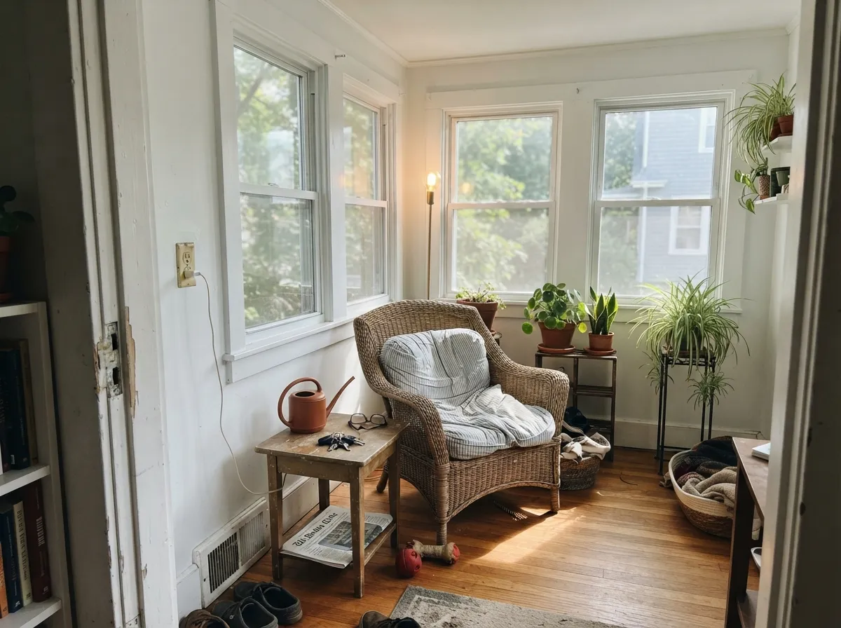 Flooded with daylight, the gray base washes out and the walls read clean and quiet — the wall situation this color actually wants.